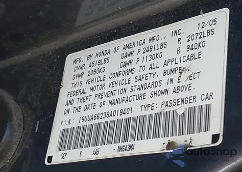 2006 Acura Tl from USA, damaged, VIN 19UUA66236A019401